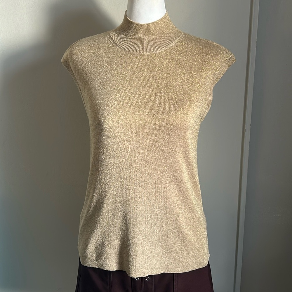 Coldwater Creek Women’s Gold Metallic Mock Neck Sleeveless Silk Blend Tank